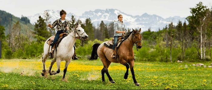 Confident plus-size woman riding East Kilbride a horse through a field with a smile on her face.